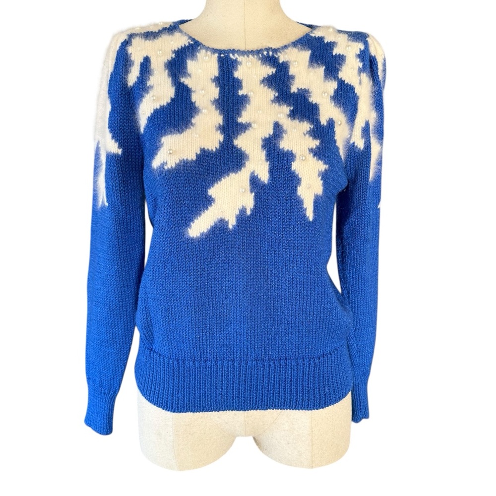 Vintage Petite Illustrations Elegant Blue White Women's Sweater Holiday Wool PS